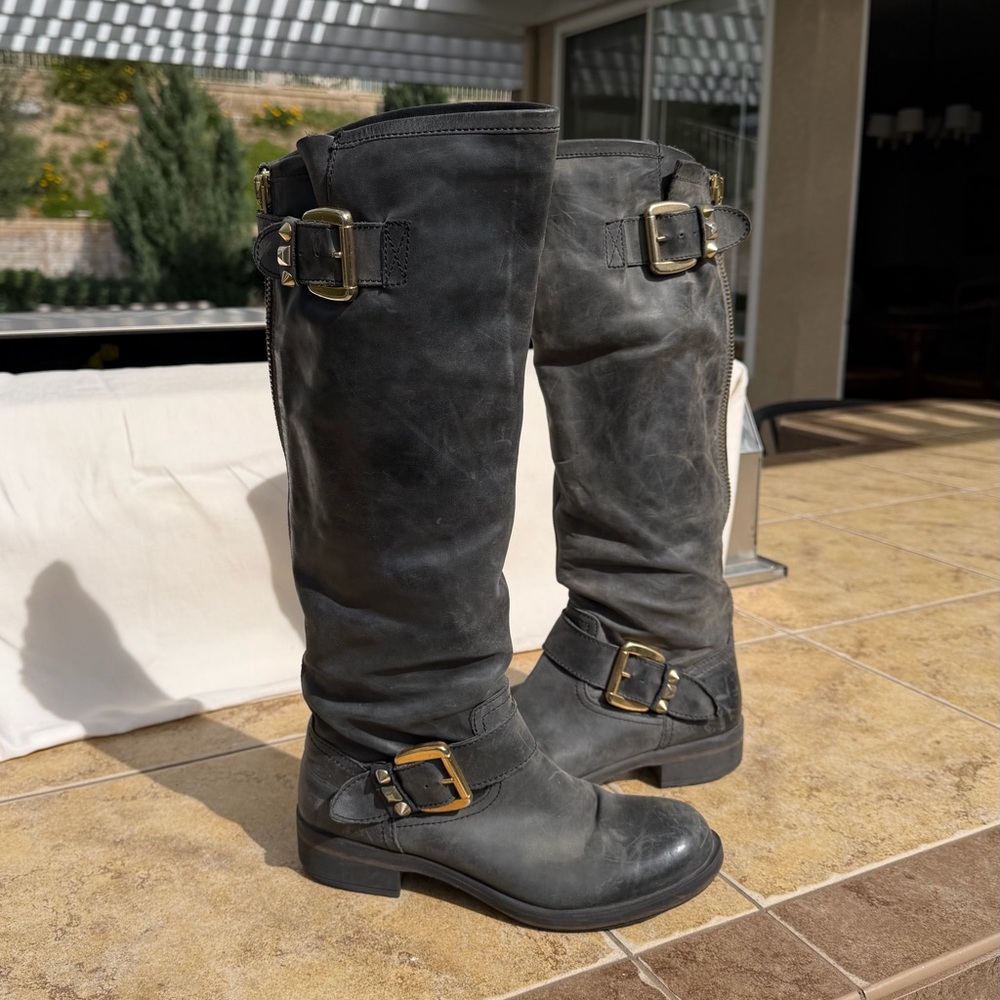 *SOLD* Steve Madden Size 8 Gorgeous Studded Tall Knee High Boots Gray Grey Gold